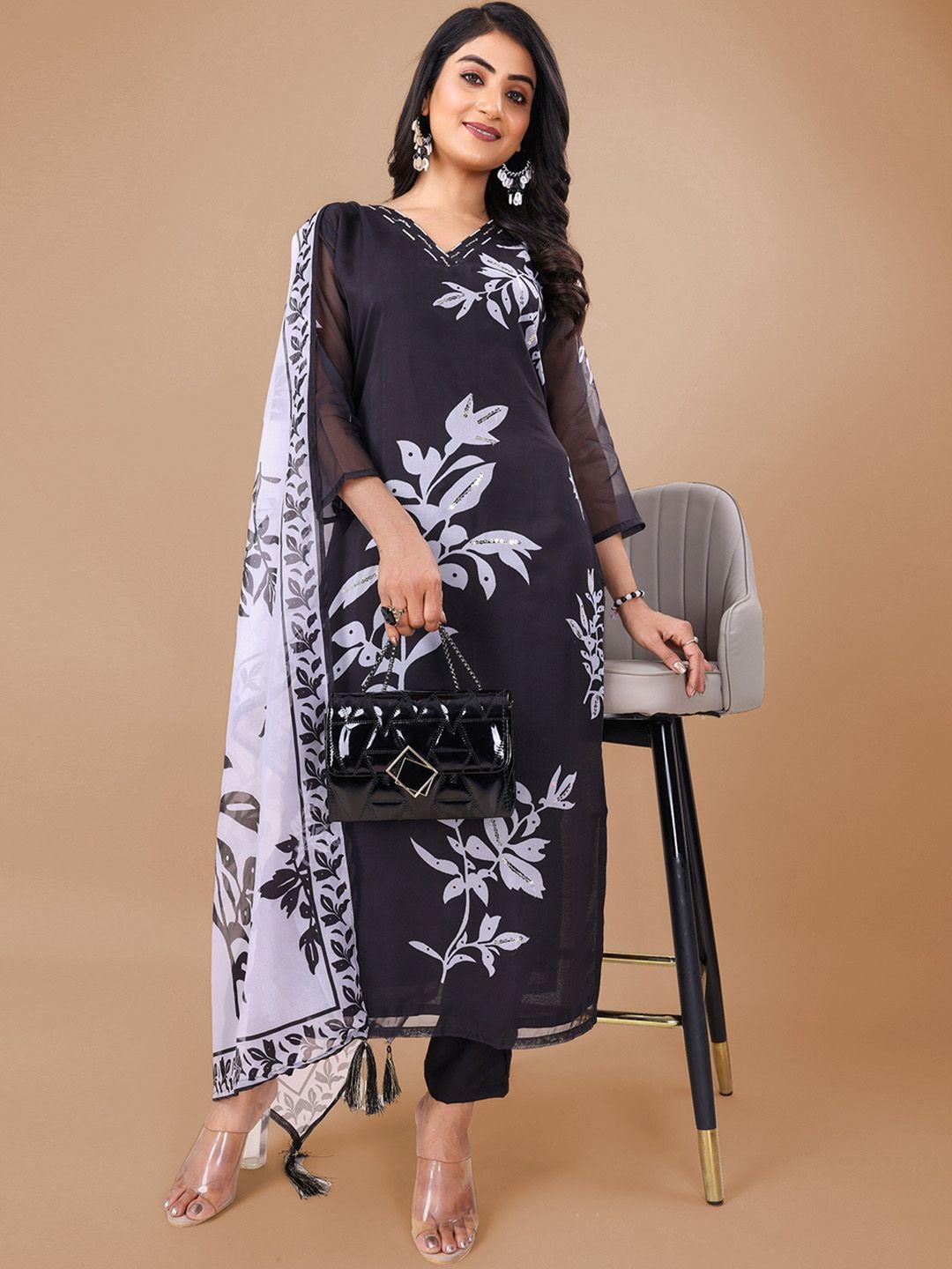 niza fashion floral printed regular thread work kurta with trousers & dupatta