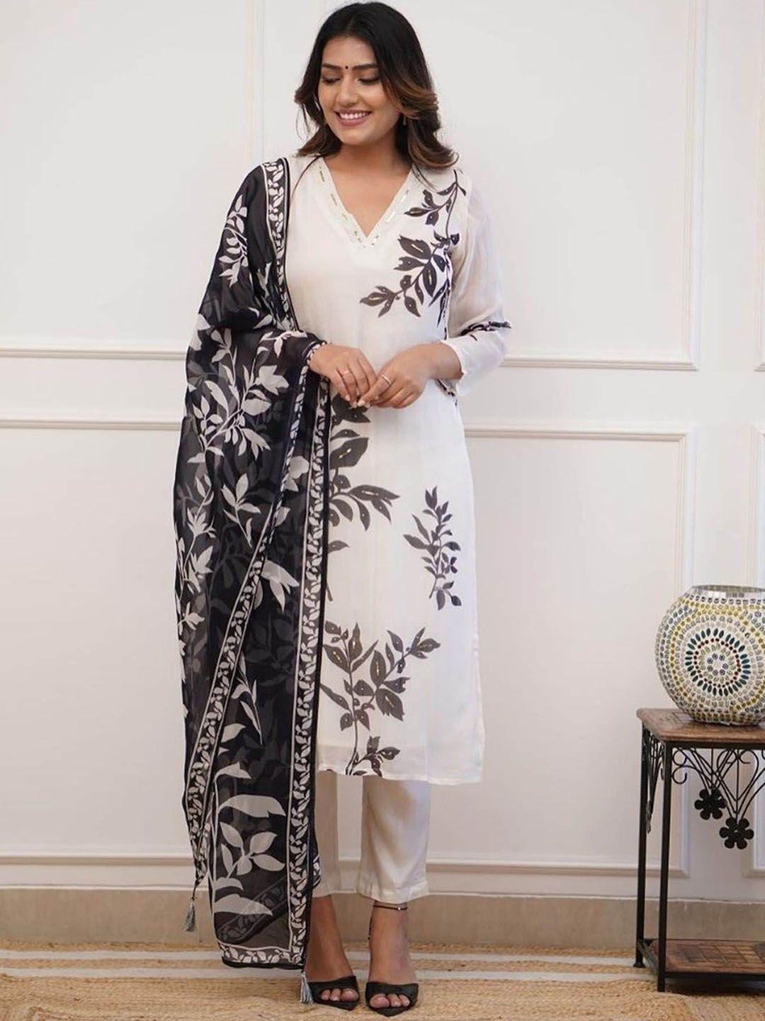 niza fashion floral printed regular thread work kurta with trousers & with dupatta