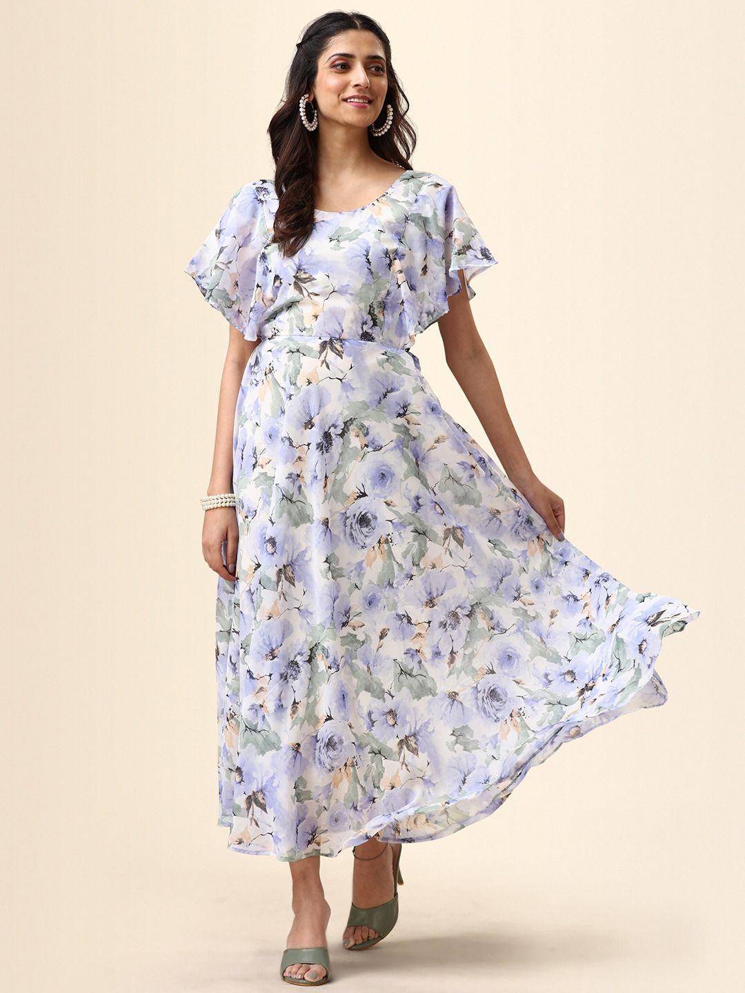 niza fashion grey floral print flared sleeve georgette maxi dress