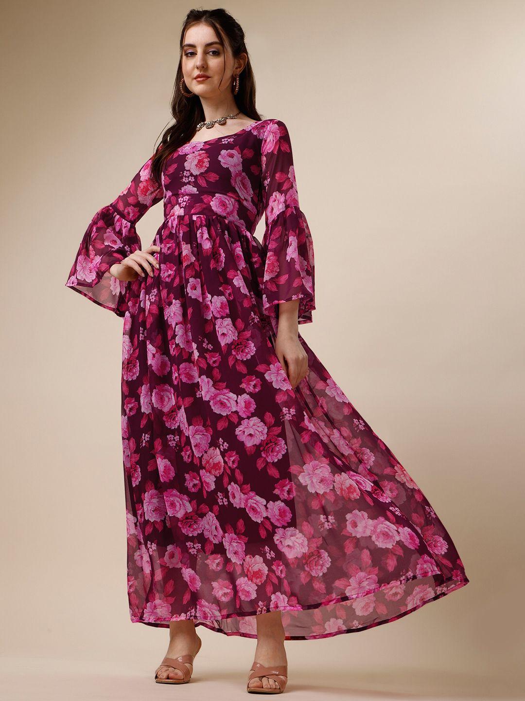 niza fashion purple floral print bell sleeve georgette maxi dress