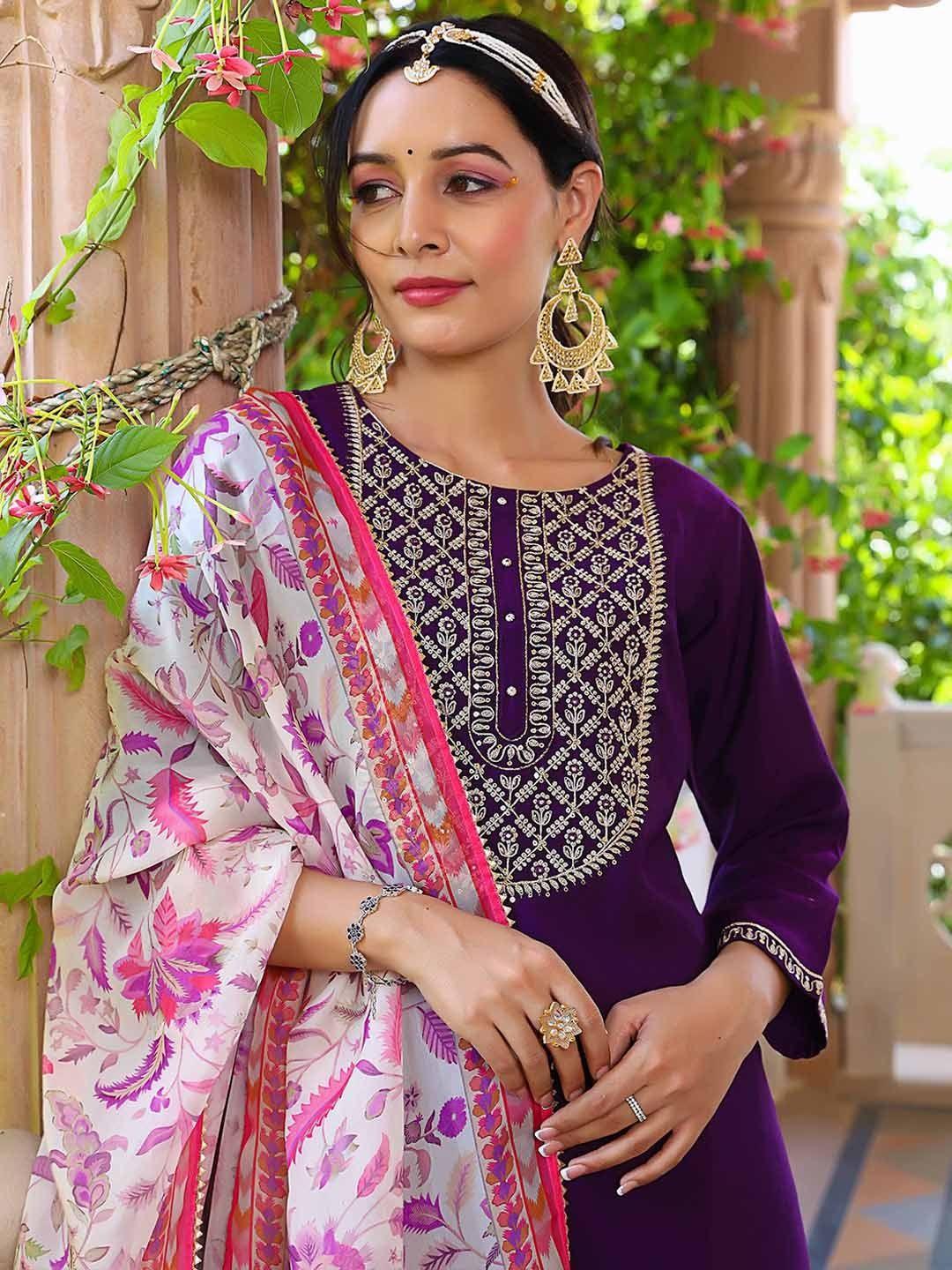 niza fashion women purple ethnic motifs embroidered regular thread work kurta with trousers & with dupatta