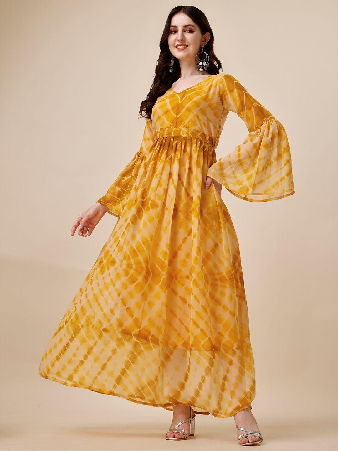 niza fashion yellow ethnic motifs print bell sleeve georgette maxi dress