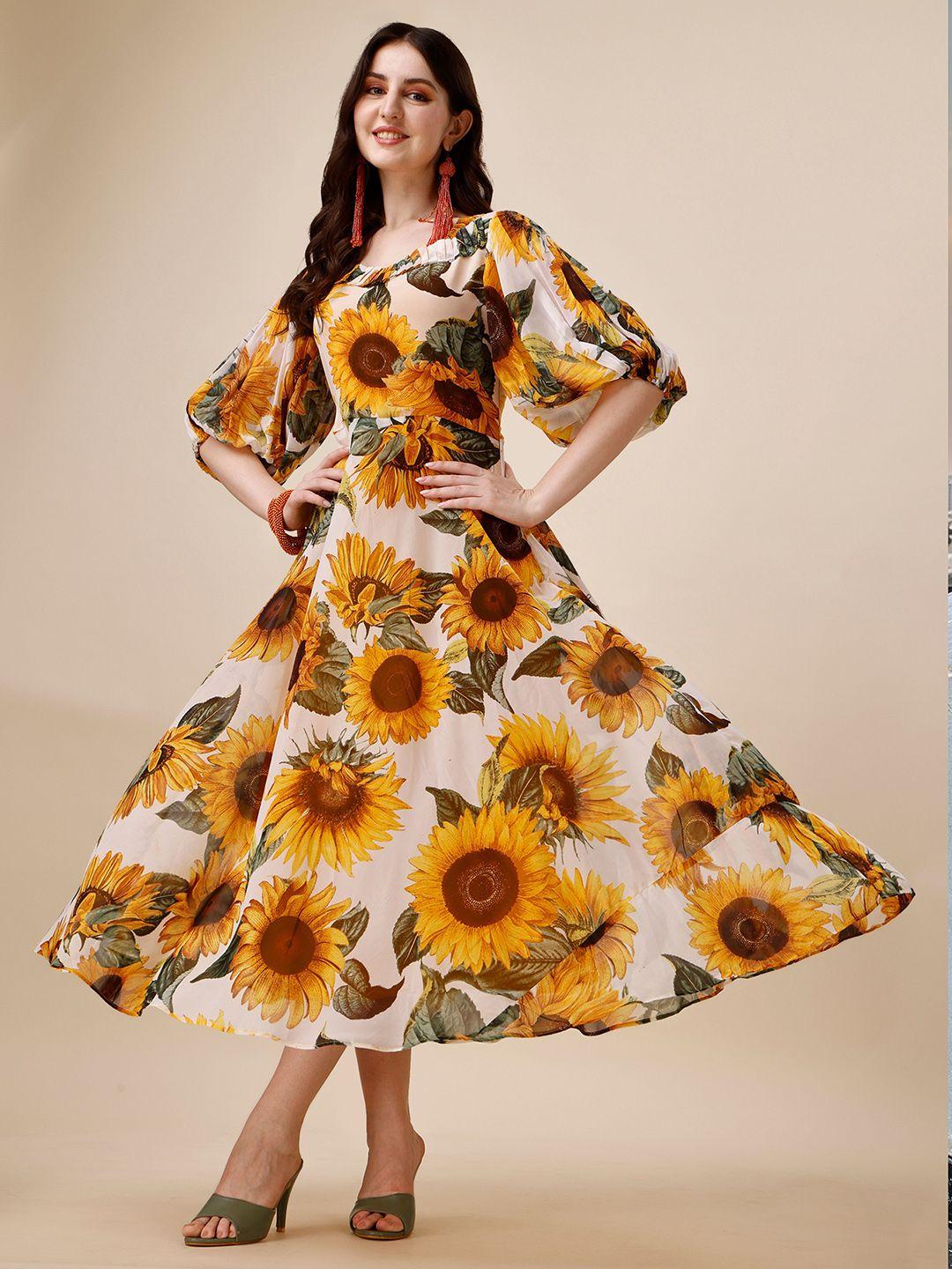 niza fashion yellow floral print bell sleeve georgette fit & flare midi dress