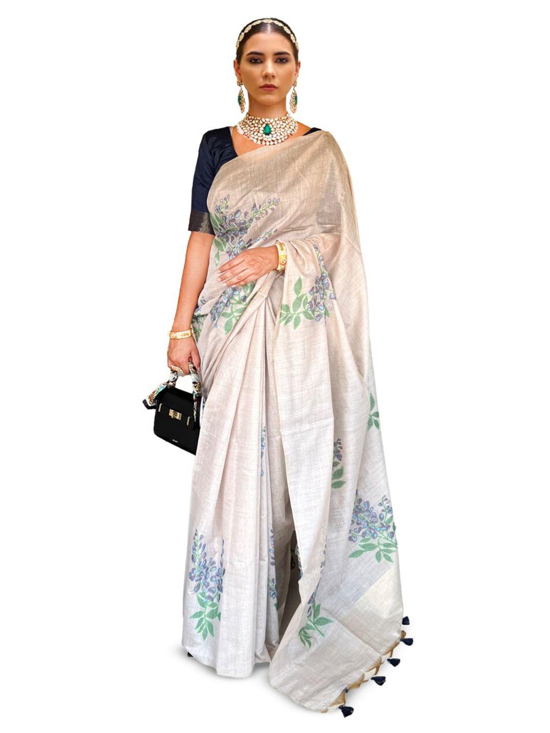 nk textiles navy blue & off white floral designer muga saree