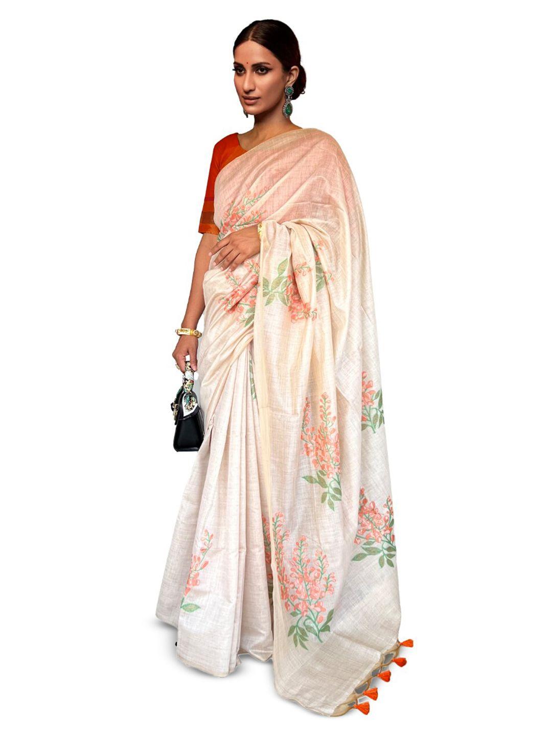 nk textiles orange & off white floral designer muga saree
