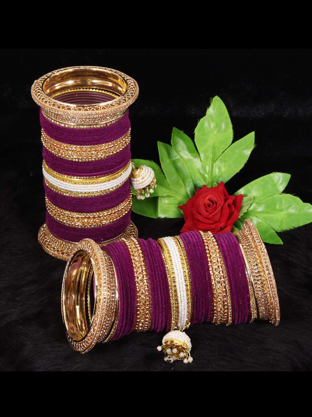 nmii 82 pcs zircon studded & pearls beaded latkan velvet chuda antique bangles
