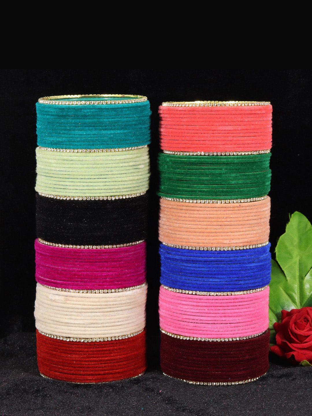 nmii set of 12 coloured velvet bangles set with 14 cz  stone studded bangles