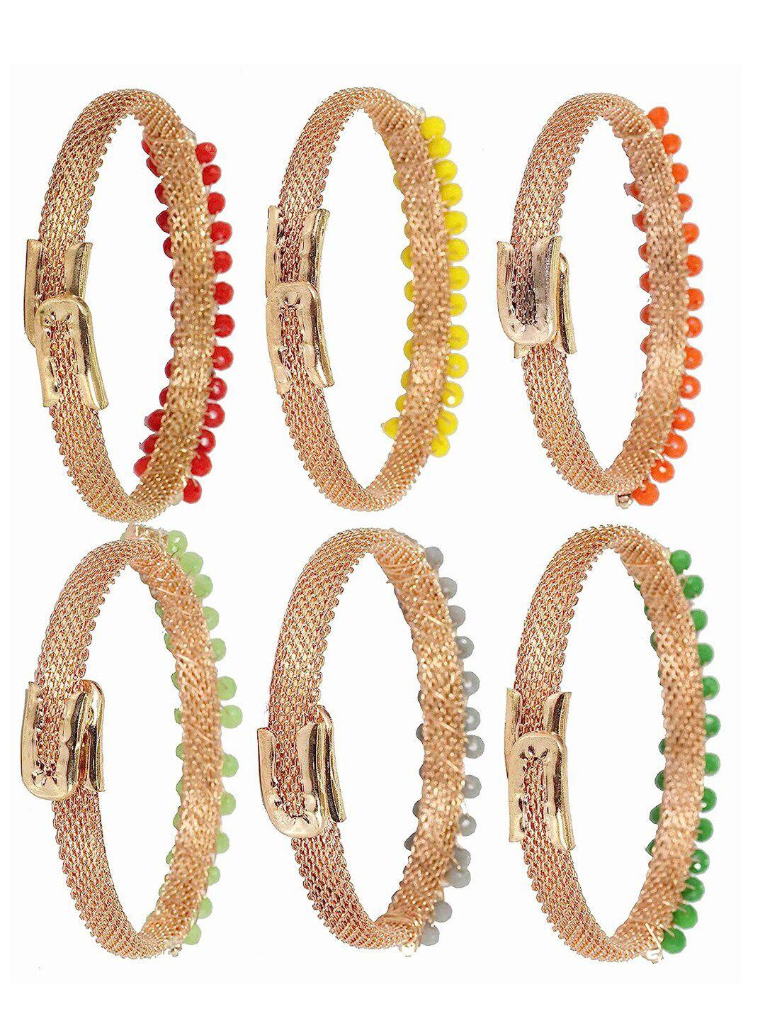 nmii set of 6 gold-plated american diamond and beaded kada bracelet