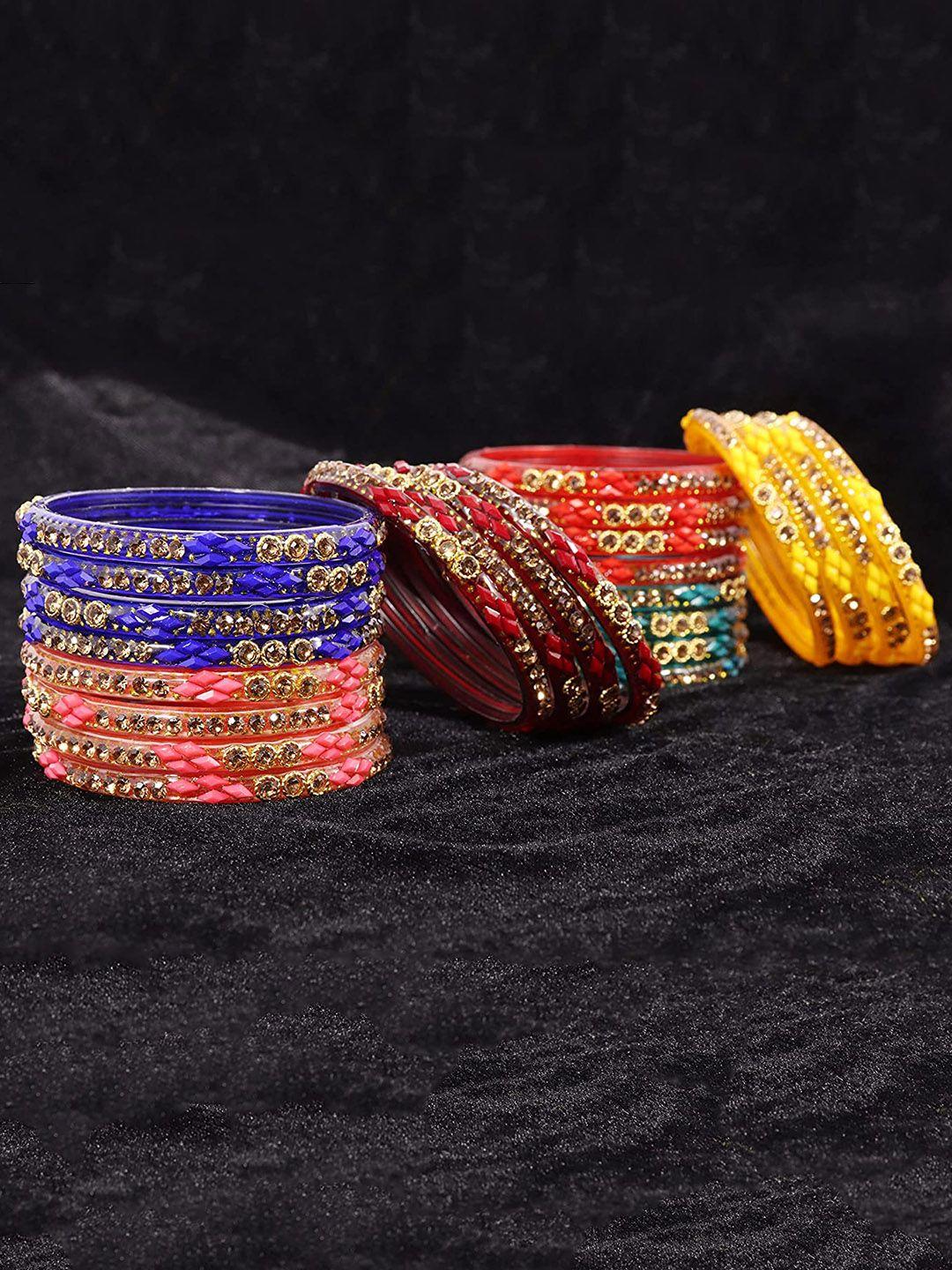 nmii set of 6 zircon gemstone-studded & beaded glossy finished glass bangle set