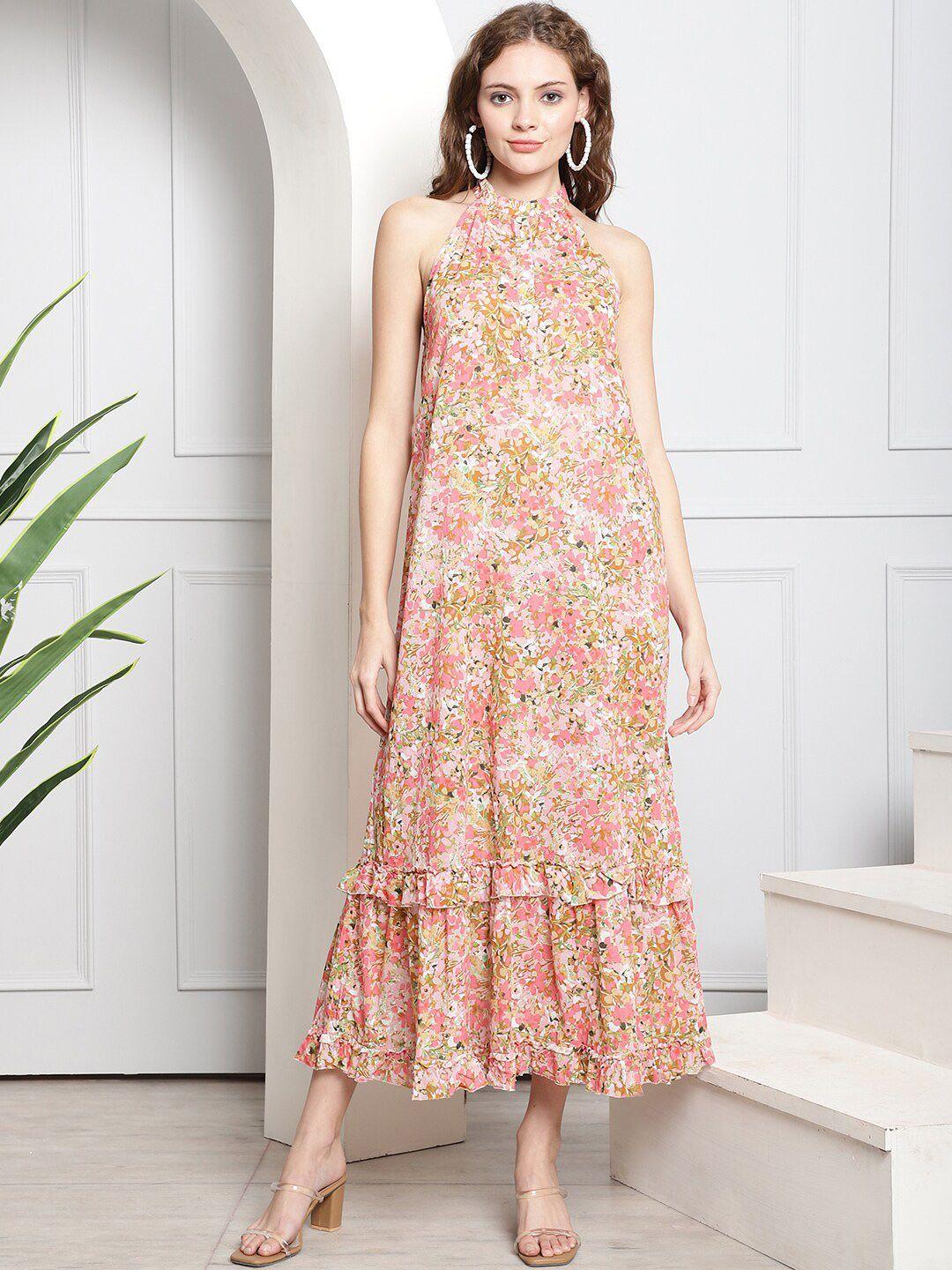 nobarr floral printed sleeveless ruffles halter neck midi cotton dress