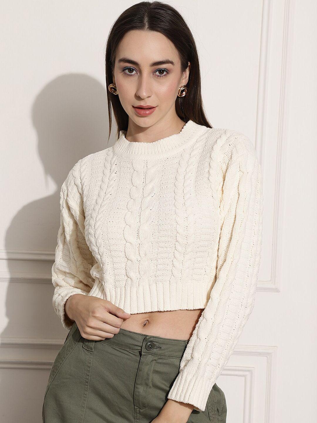 nobarr cable knit round neck long sleeves acrylic crop pullover sweater