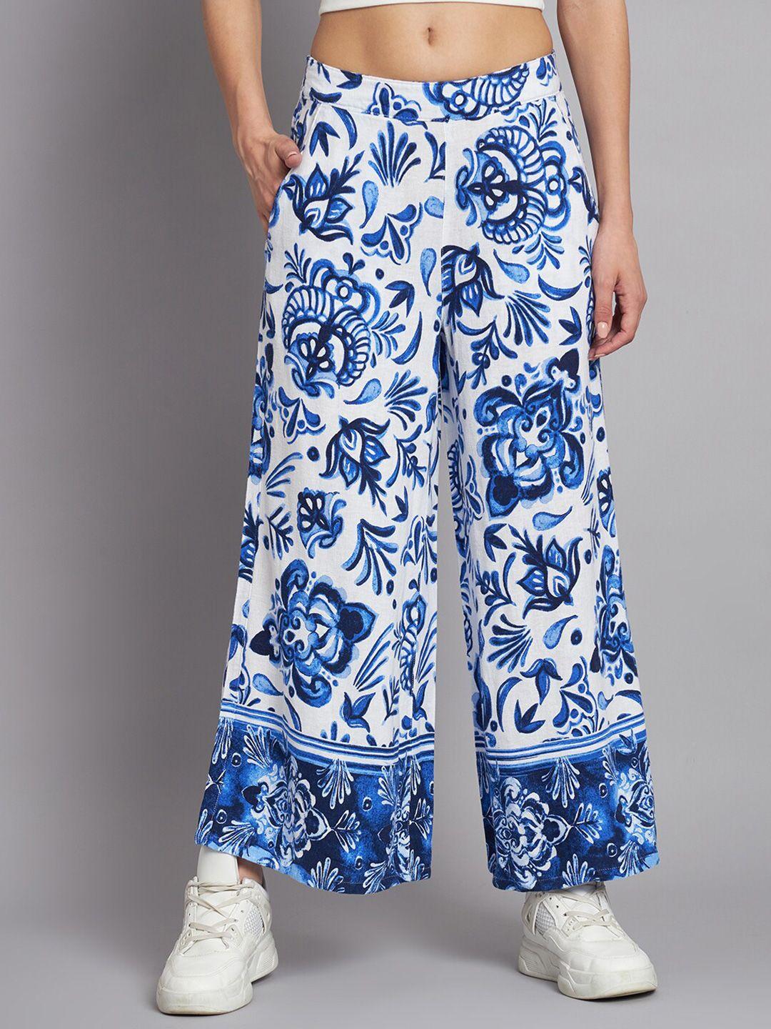 nobarr women ethnic motifs printed flared fit linen parallel trousers