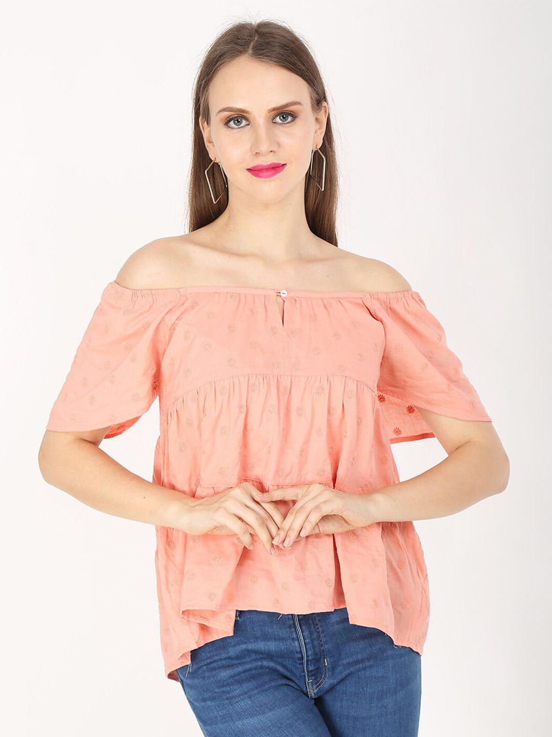 nobarr women orange floral embroidered off-shoulder bardot top