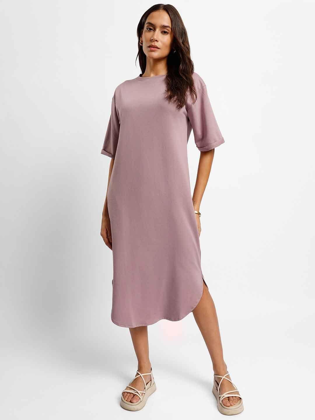 nobero round neck drop shoulder cotton t-shirt midi dress