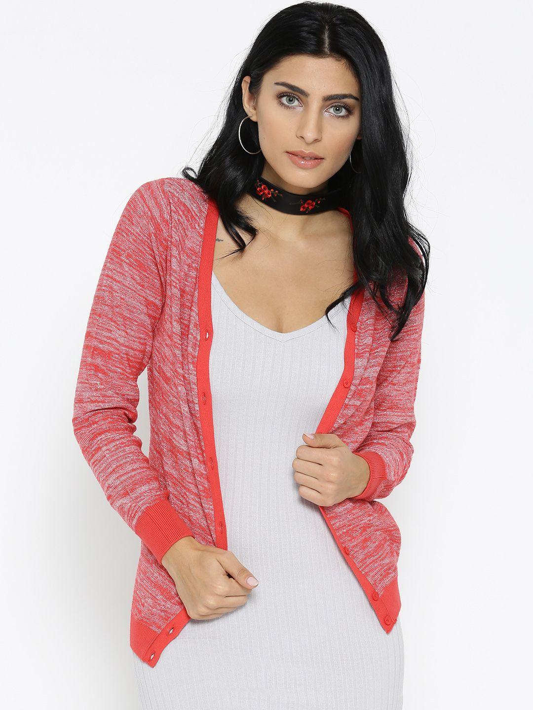 noi women coral red & silver solid shimmer cardigan