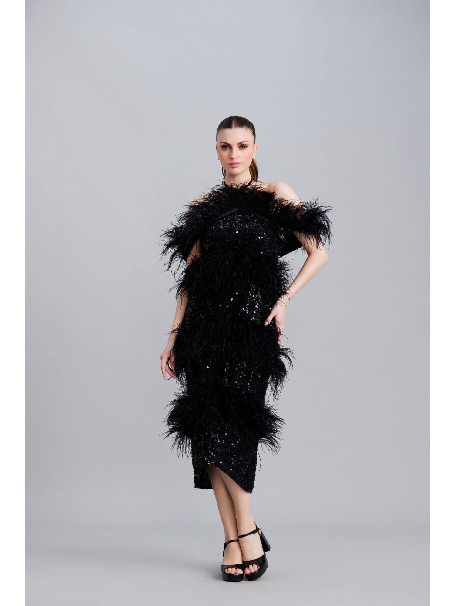 noir sequin & feather midi dress