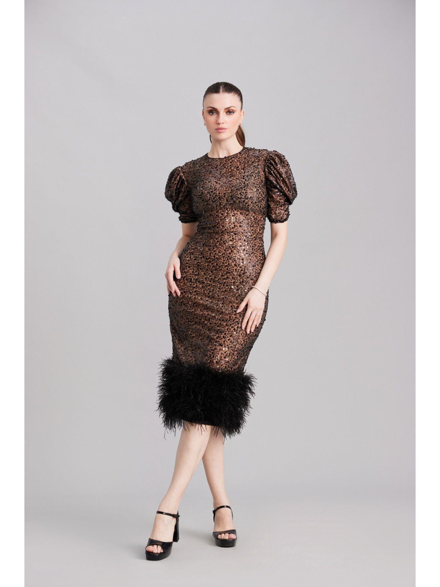 noir sequin embellished puff sleeve midi dress