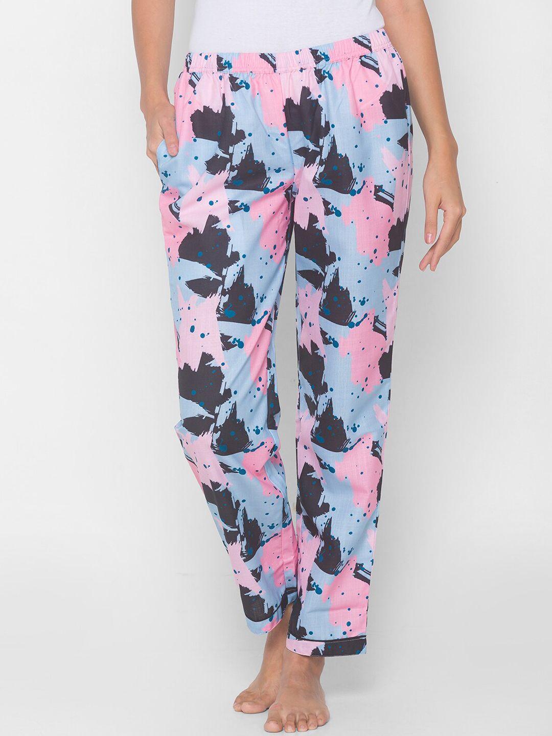 noira women blue & pink abstract printed cotton lounge pants