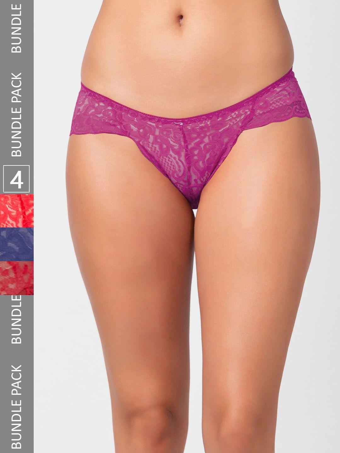 noira women pack of 4 self design assorted lace thongs briefs