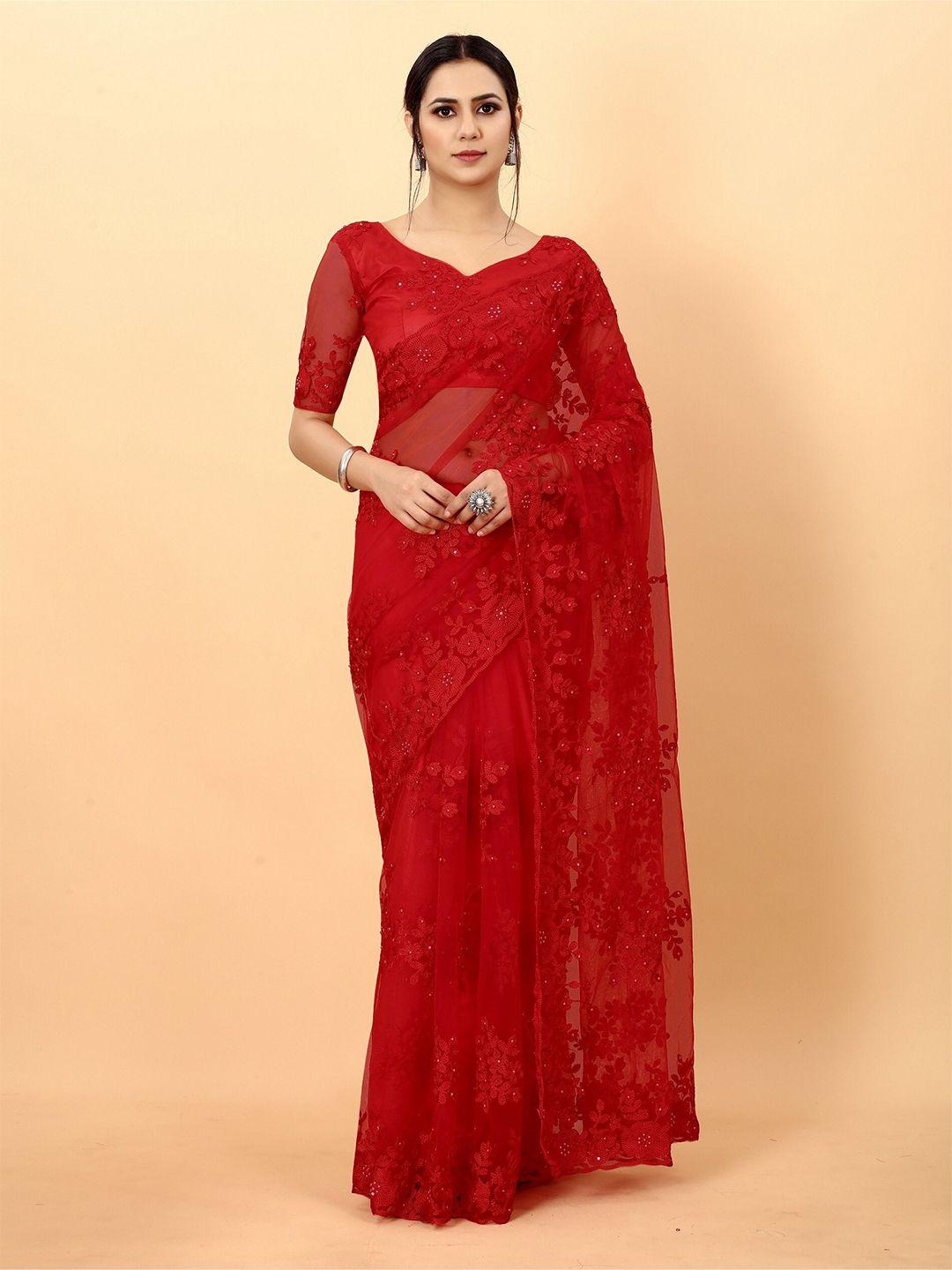 noise red floral embroidered net heavy work block print saree
