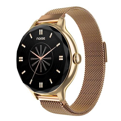 noise diva smartwatch with diamond cut dial, glossy metallic finish, amoled display, mesh metal and leather strap options, 100+ watch faces, female cycle tracker smart watch for women (gold link)