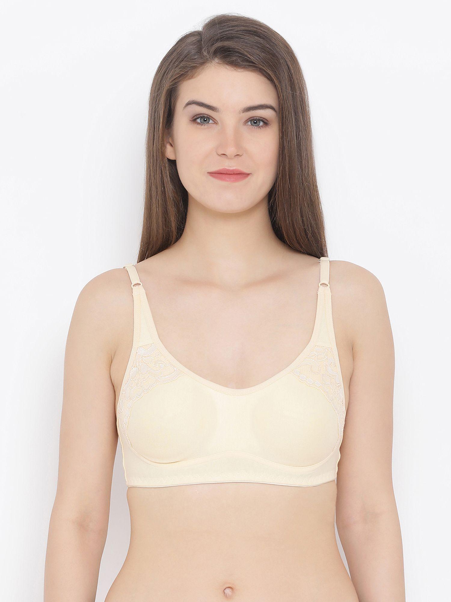 non-padded non-wired full coverage bra with lace in beige cotton rich