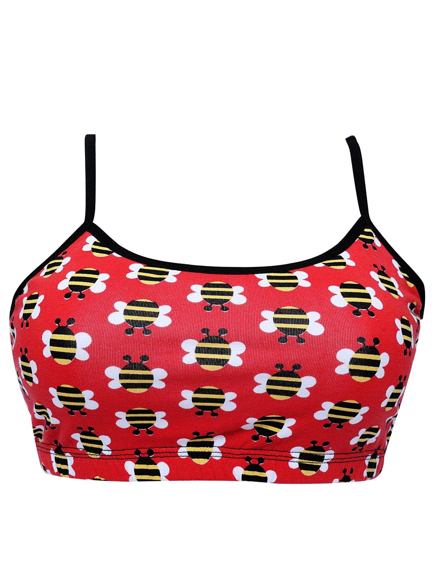 non padded non wired beginner bra red bee print. red