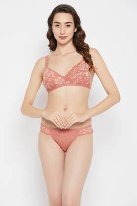 non-padded non-wired full cup bra & low waist bikini panty with lace panels set in orange - orange