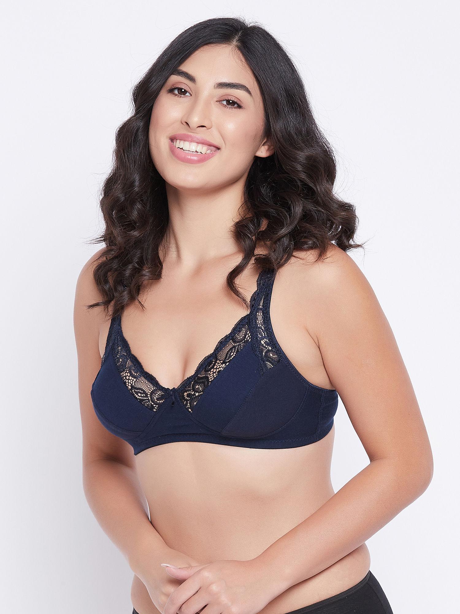 non-padded non-wired full cup bra in navy - cotton