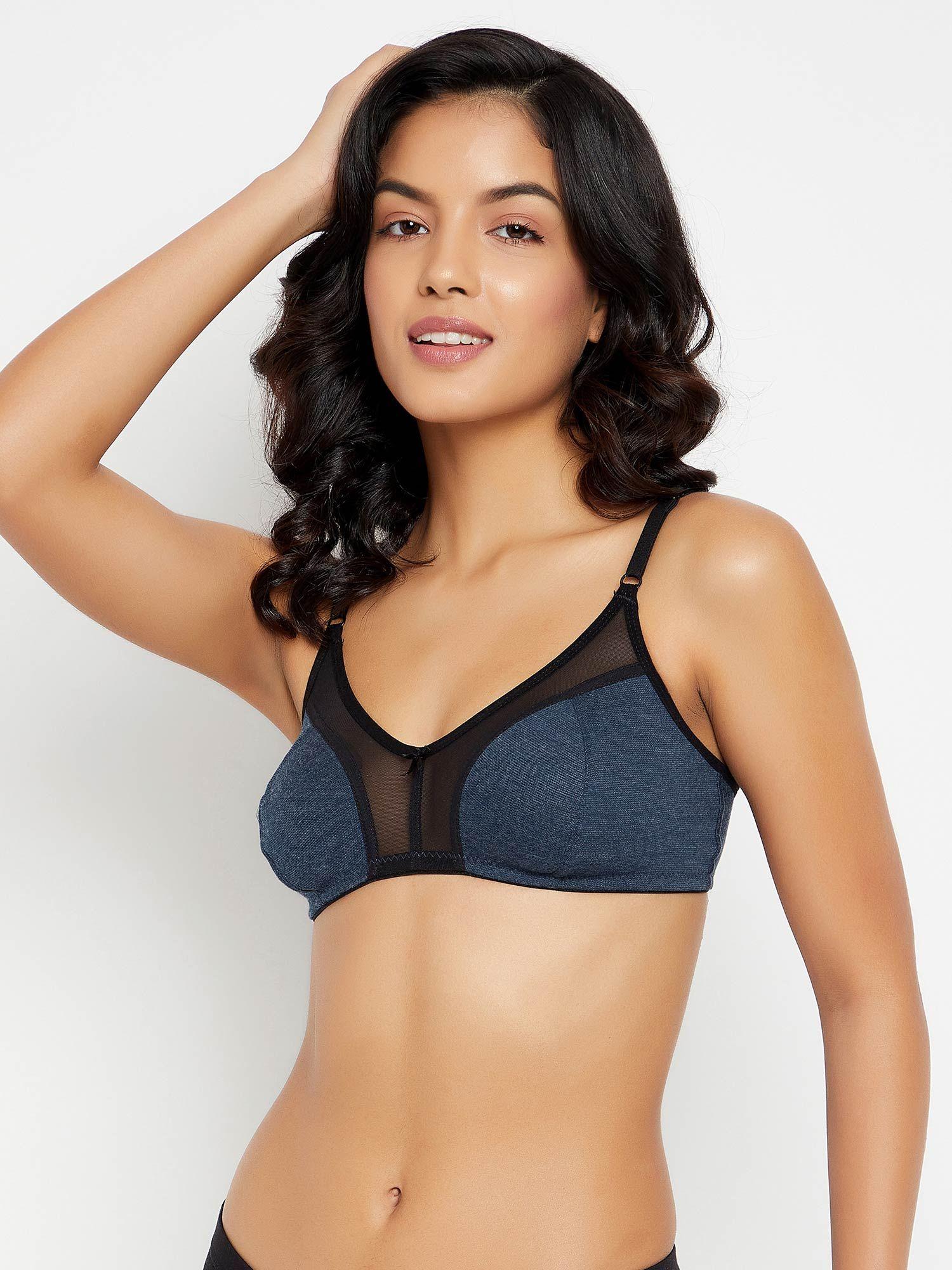 non-padded non-wired full cup bra in navy melange - cotton