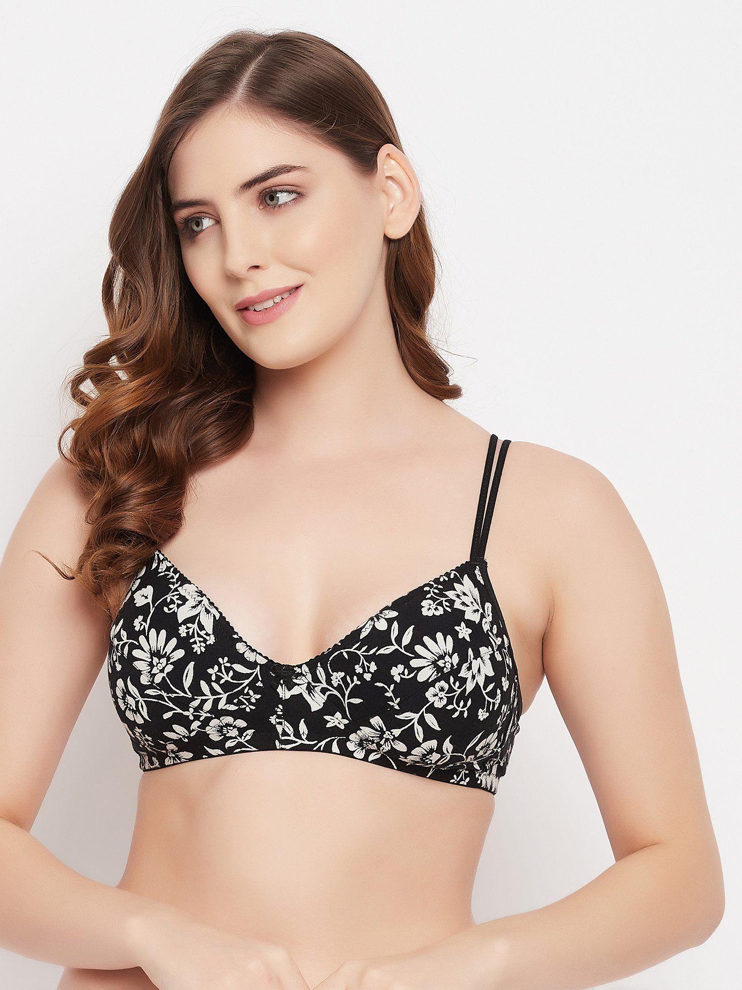 non-padded non-wired full cup floral print t-shirt bra in black