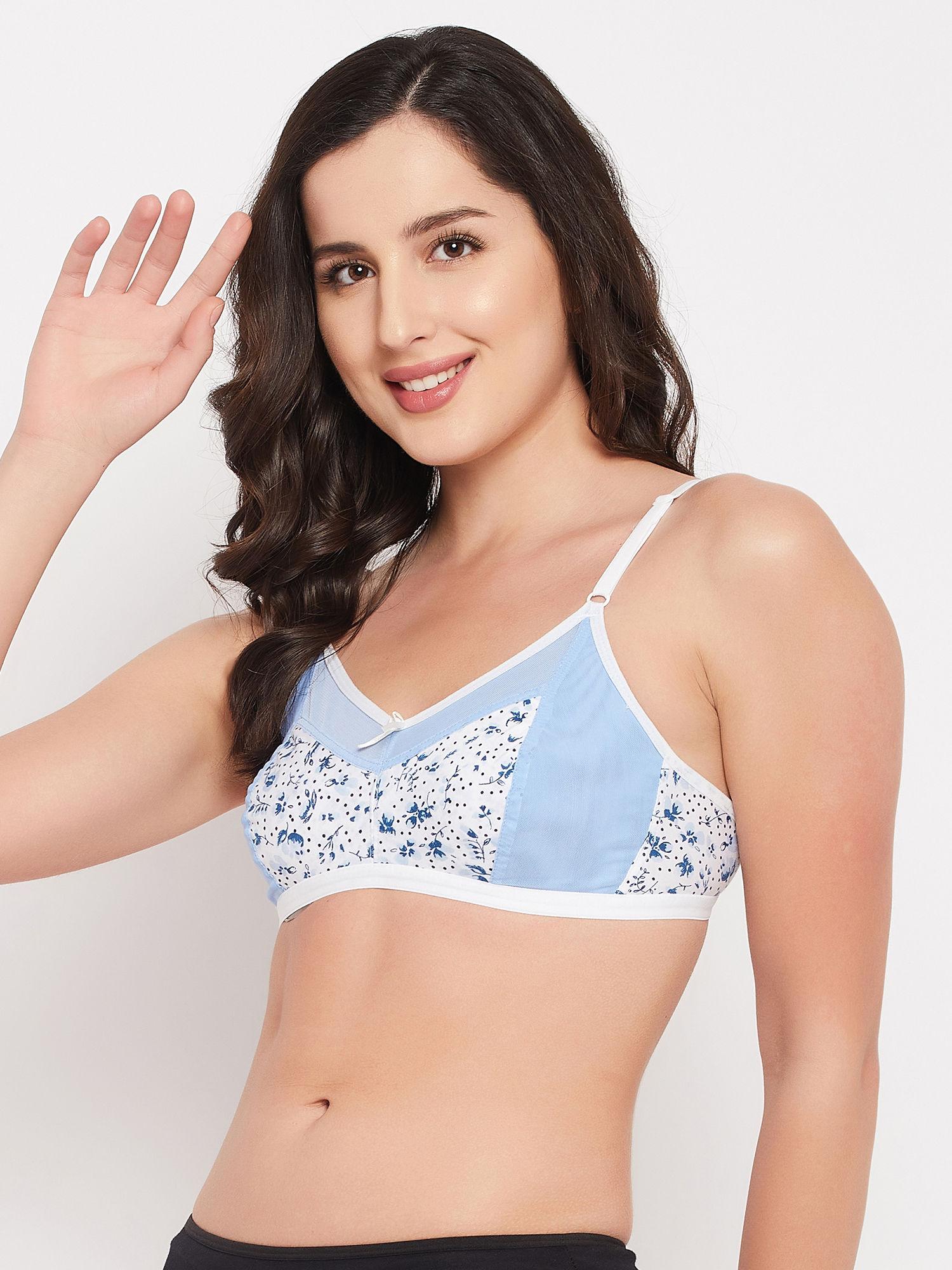 non-padded non-wired full cup printed bra in white - cotton