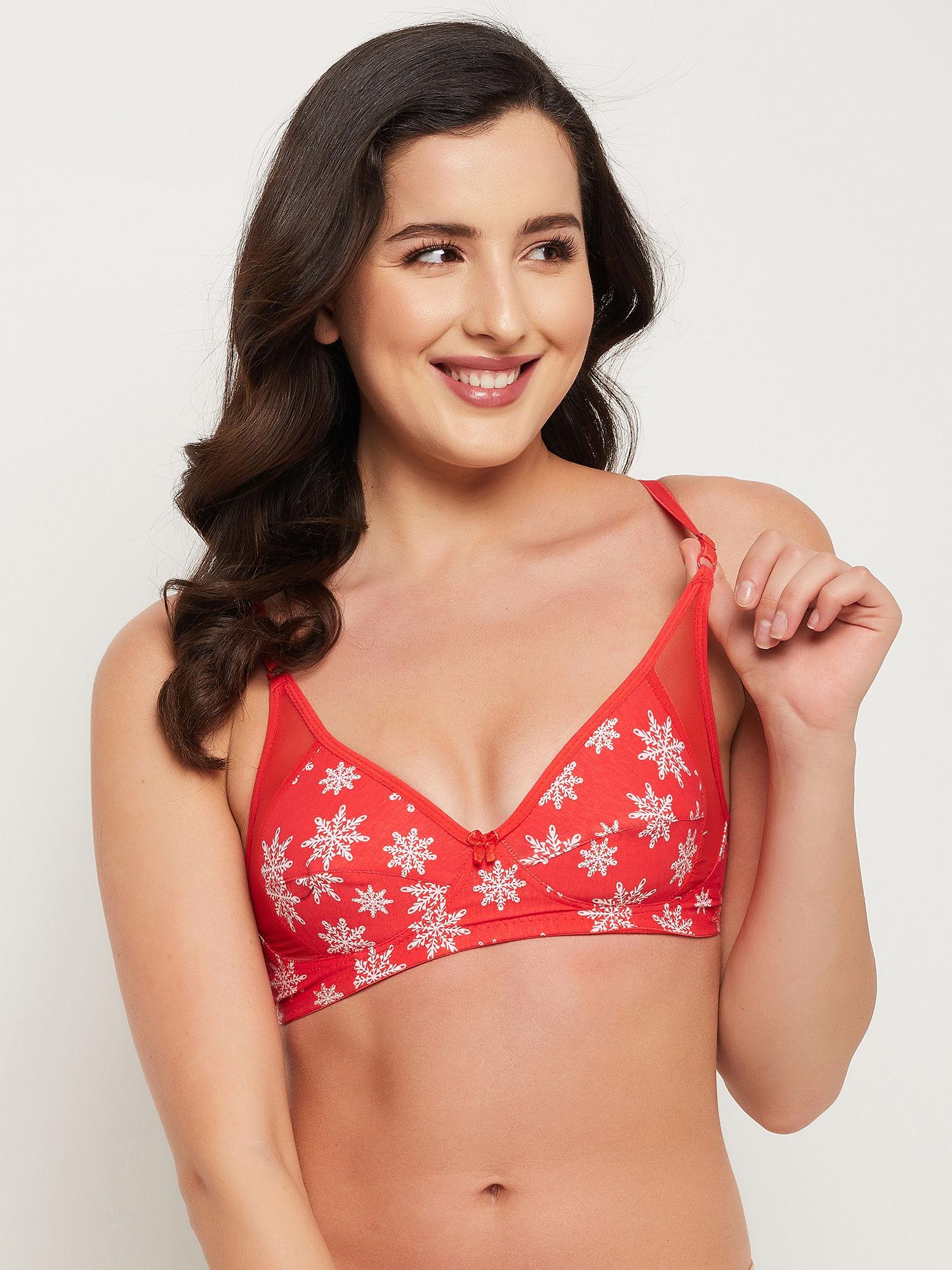 non-padded non-wired full cup snowflake print bra in red - cotton