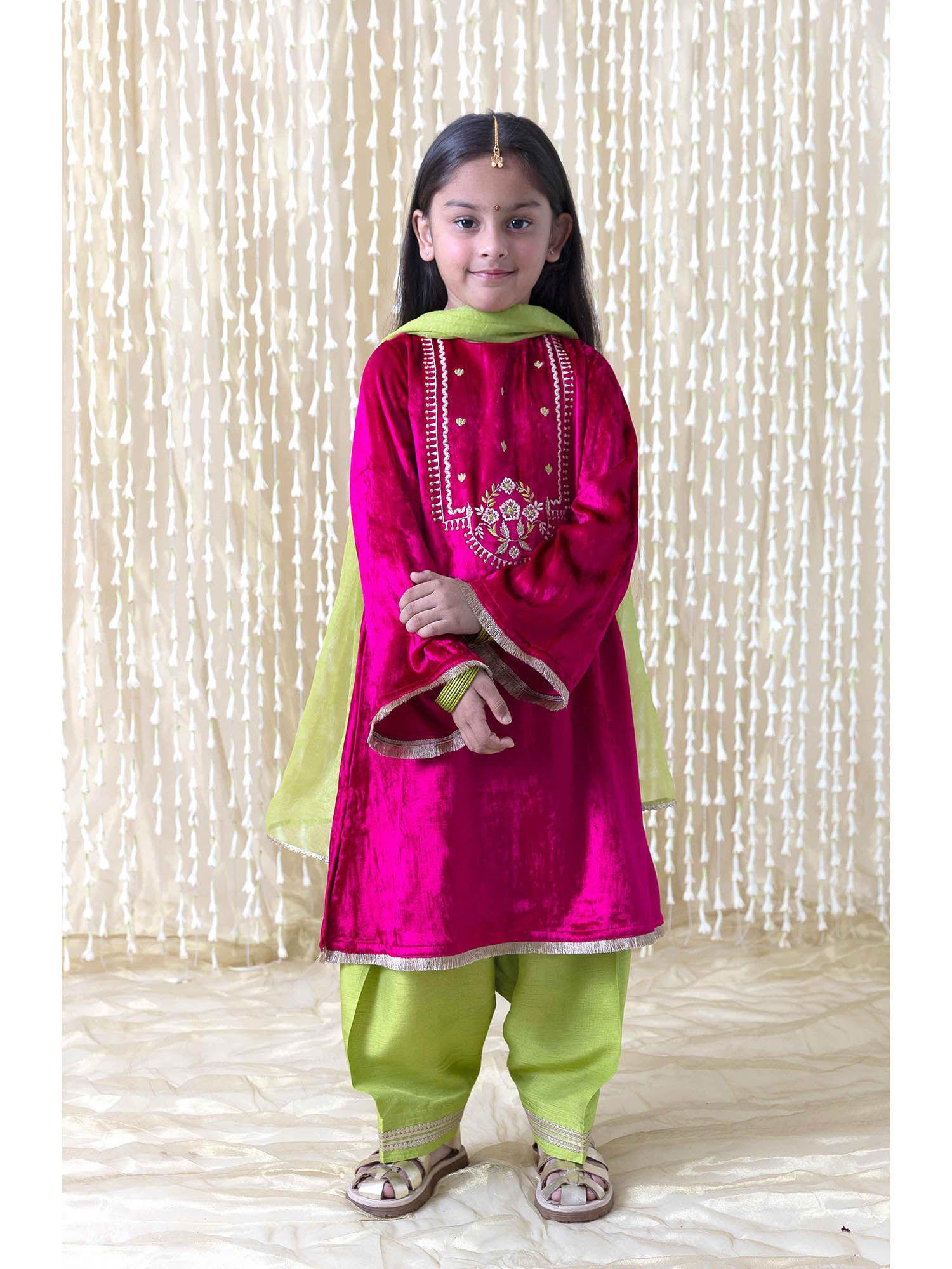 noor velvet kurta & salwar with dupatta for girls pink (set of 3)