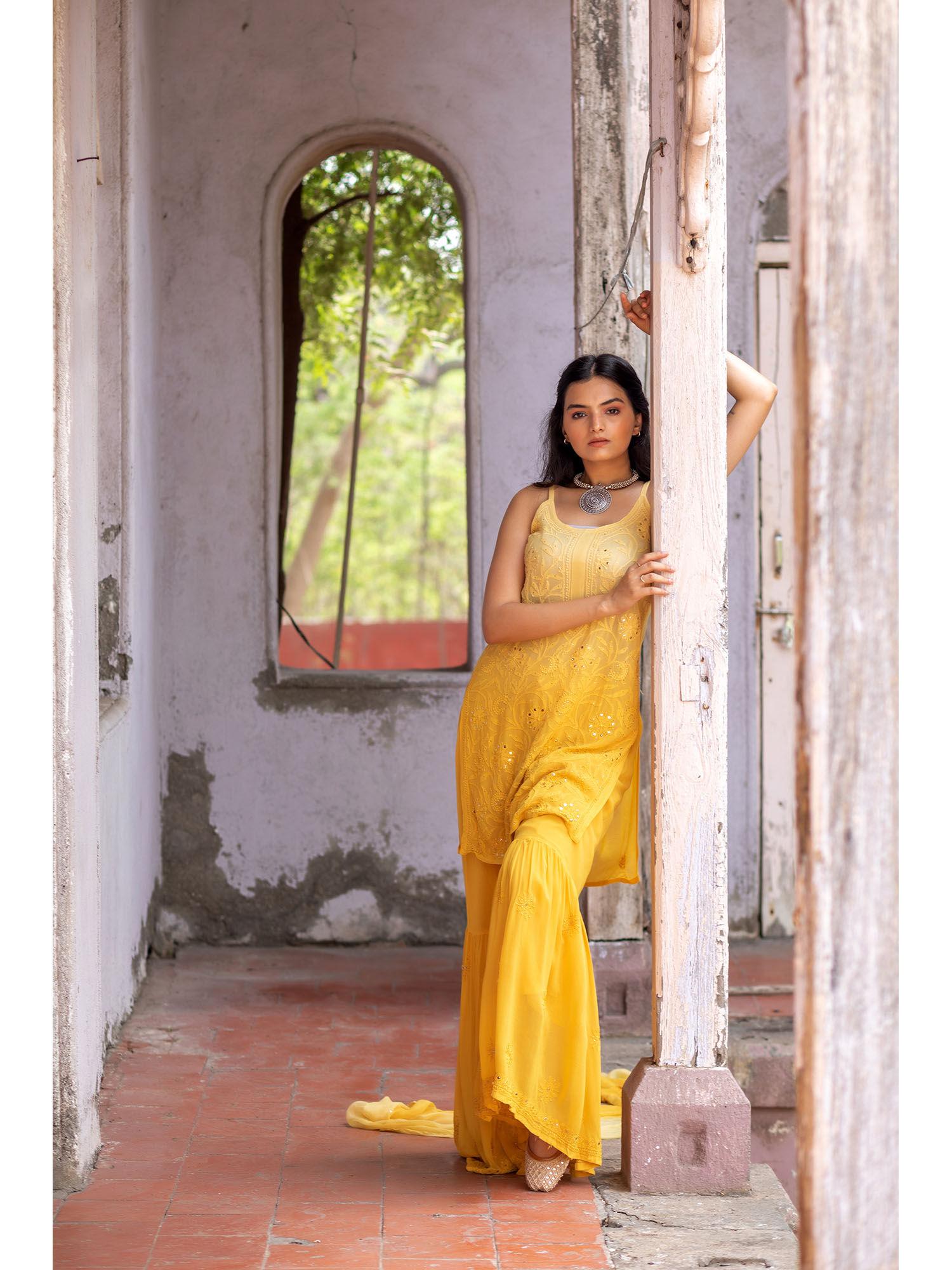 noor chikankari mukaish in shades of yellow (set of 3)