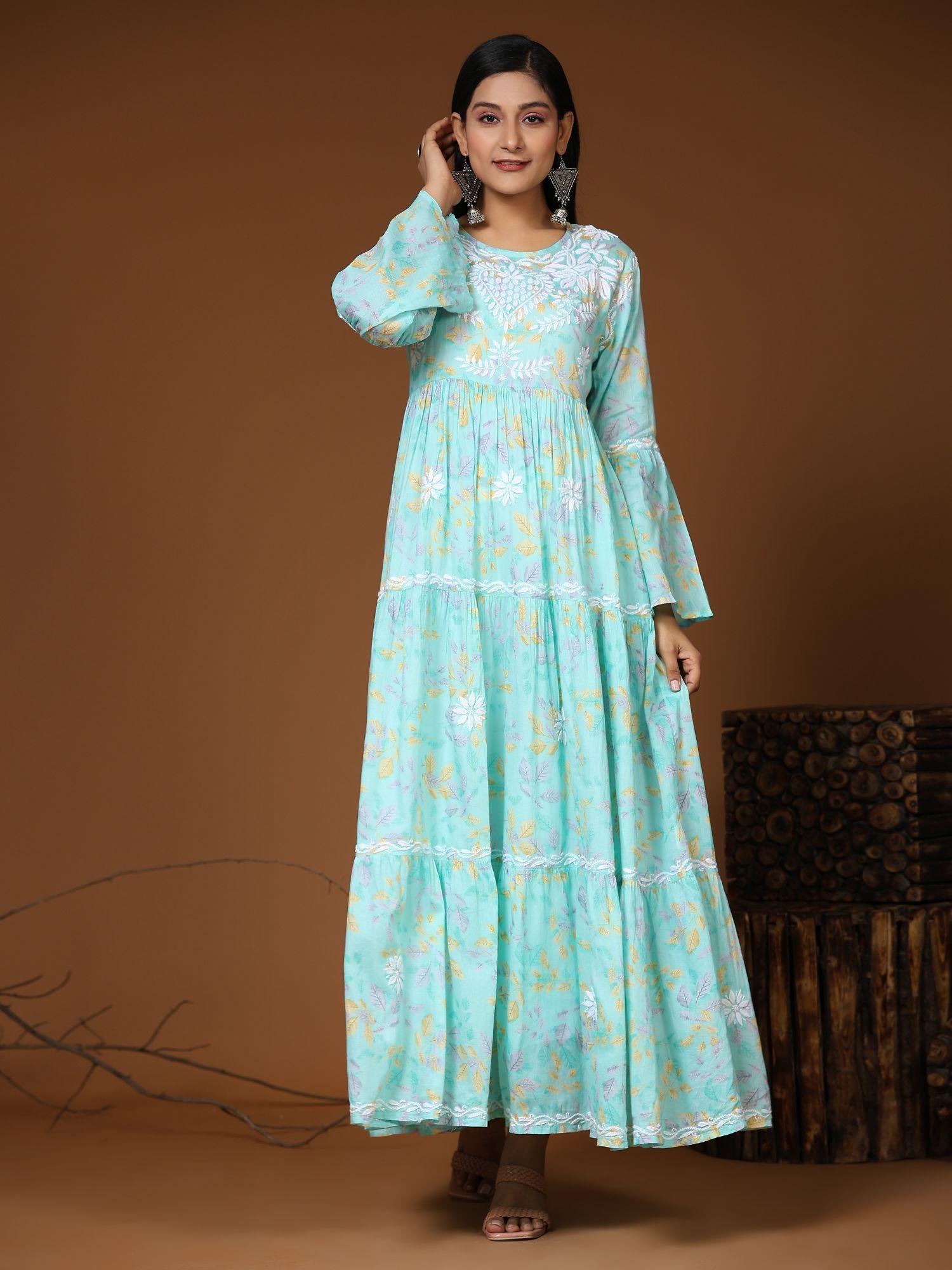 noor hand embroidered chikankari mul gown for women light blue