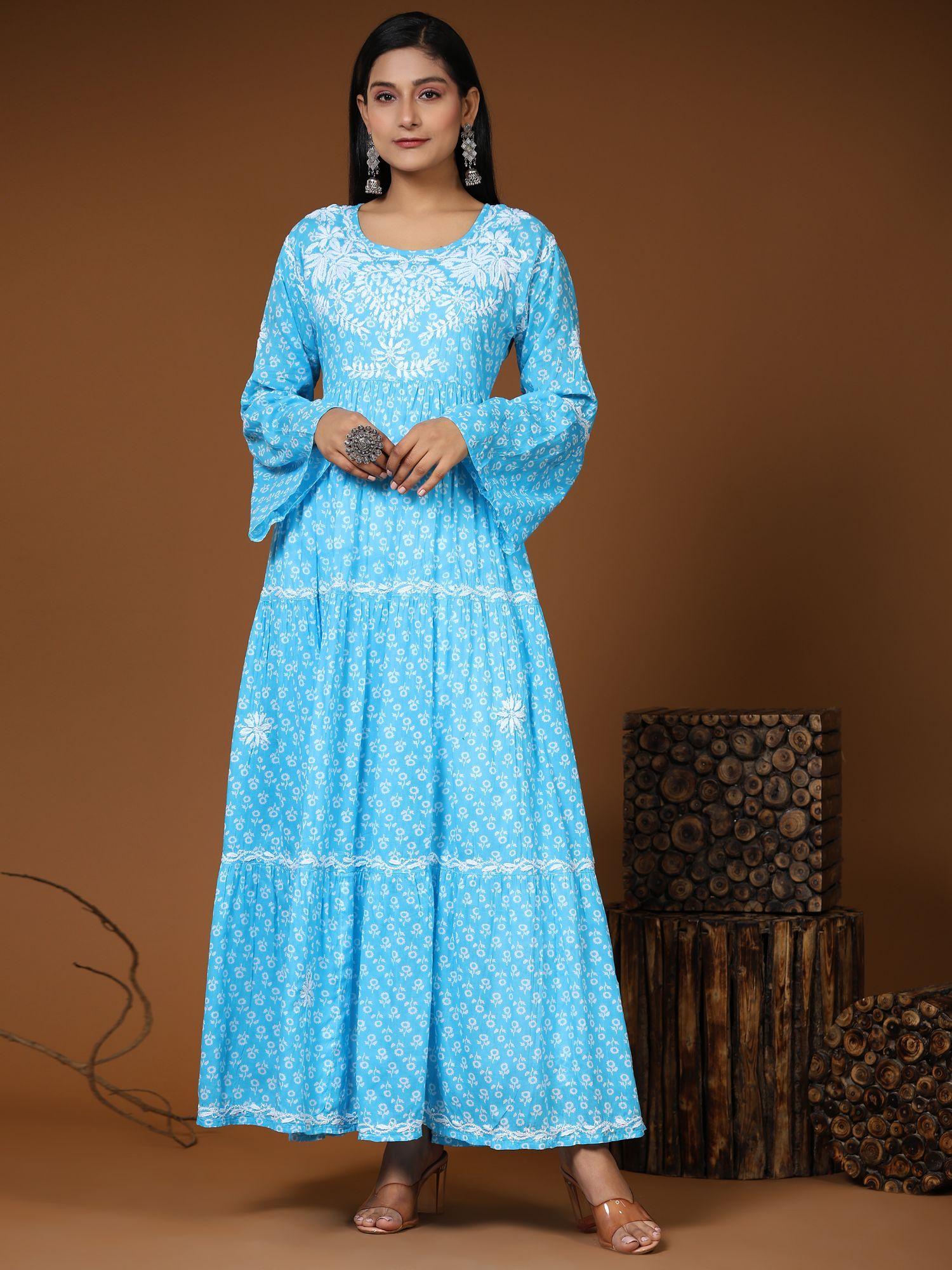 noor hand embroidered chikankari mul gown for women sky blue