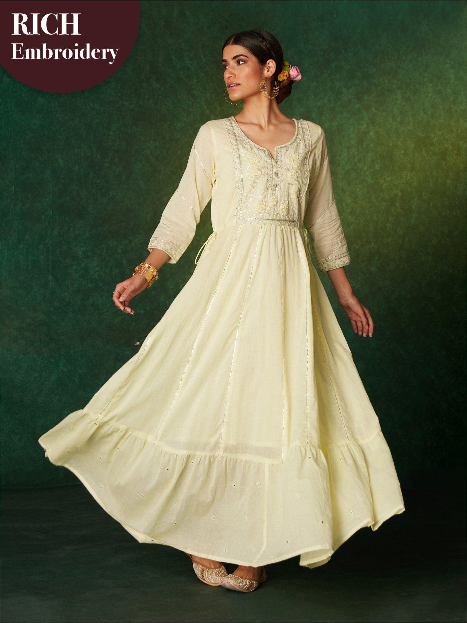 noor light yellow hand embroidered tiered dress likdrs34