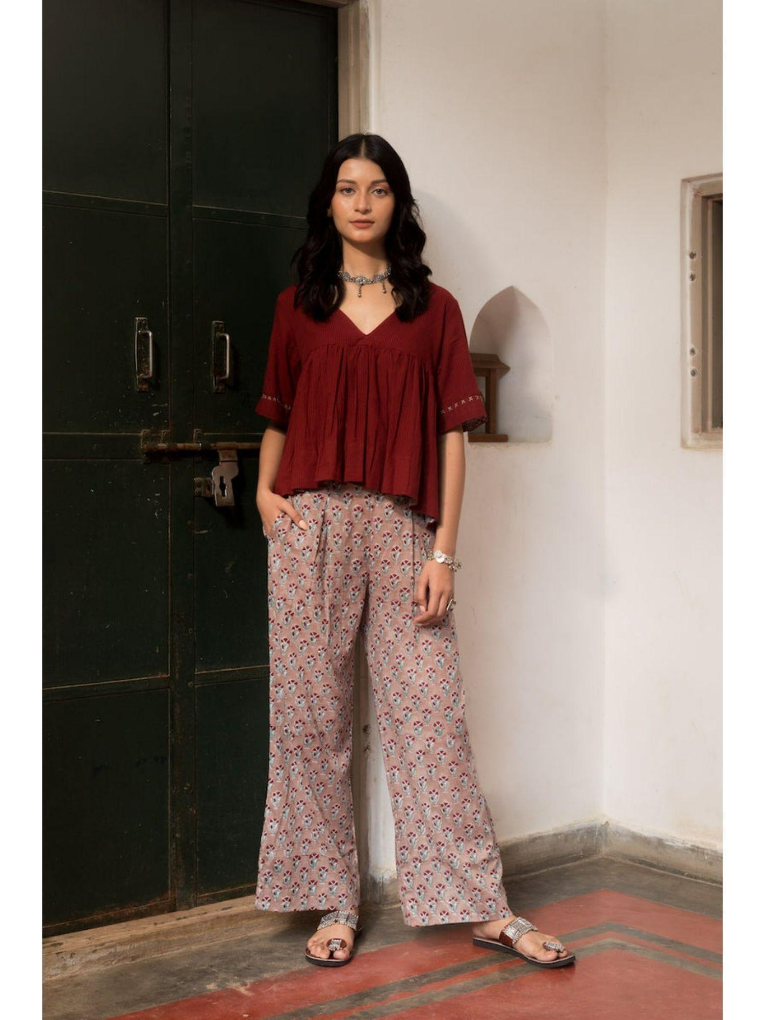 noor maroon floral half sleeves top with pant (set of 2)