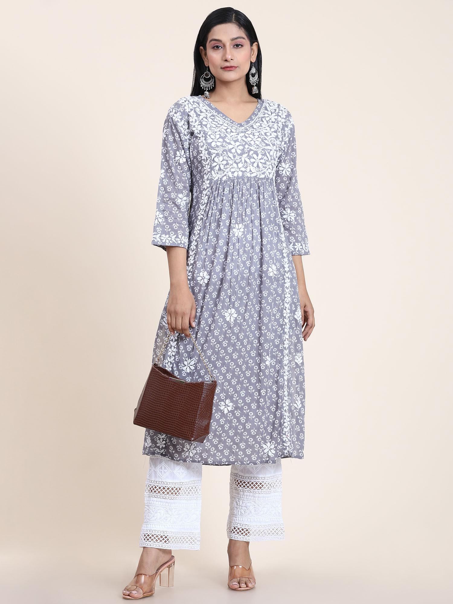 noor mul printed hand embroidery chikankari kurta- grey