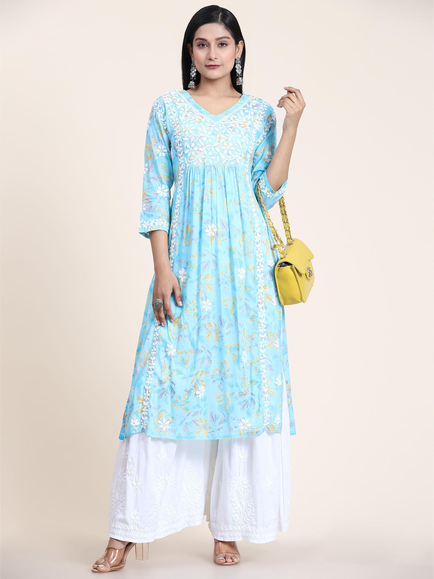 noor mul printed hand embroidery chikankari kurta- light blue