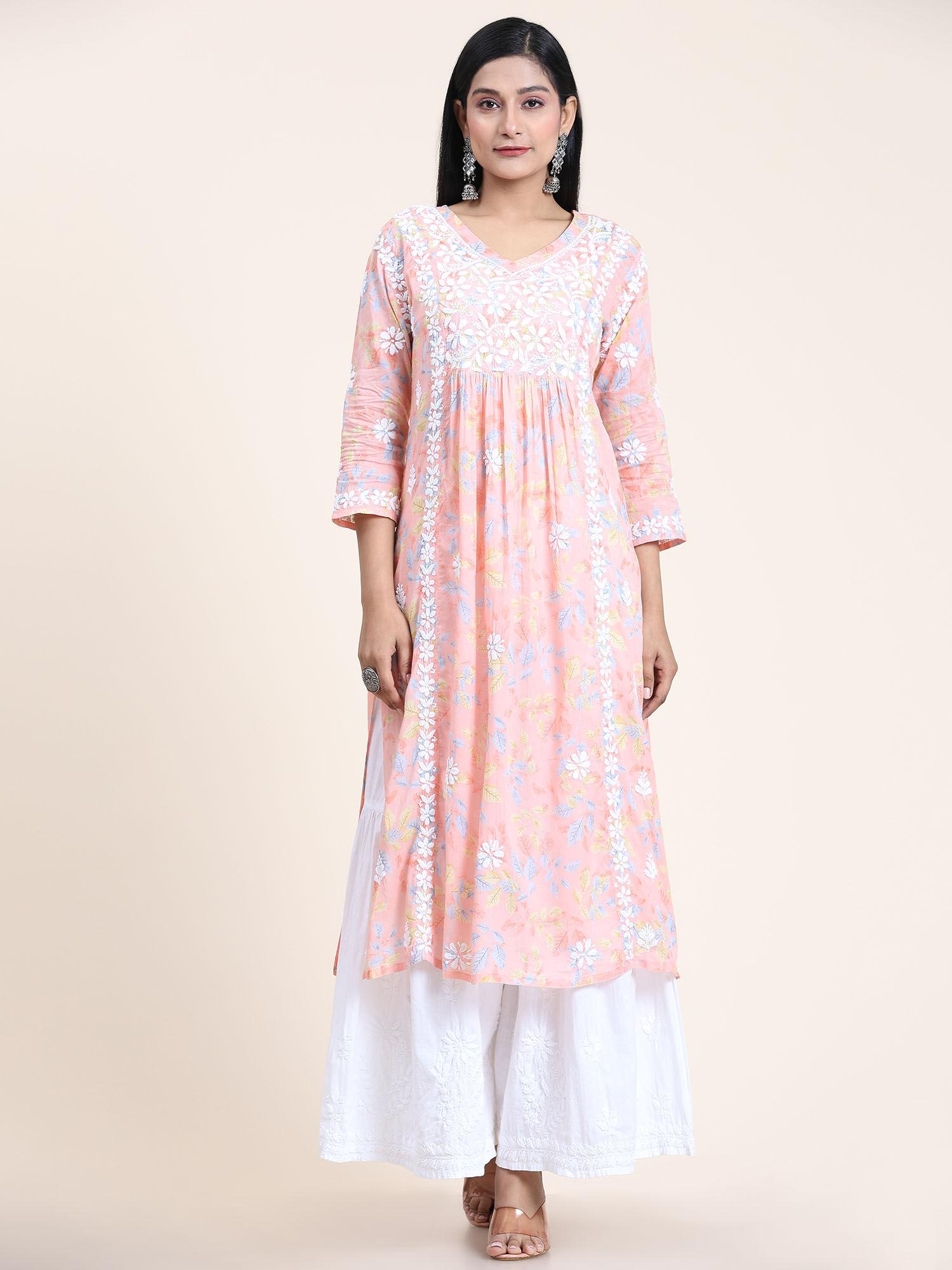 noor mul printed hand embroidery chikankari kurta- peach