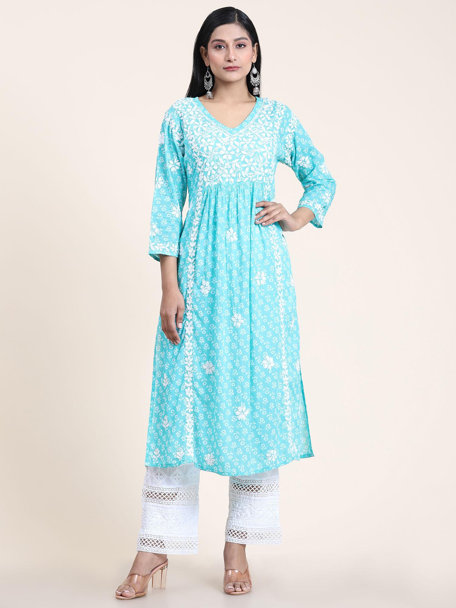 noor mul printed hand embroidery chikankari kurta- sky blue