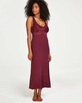 nora lace long slip dress with bow accent