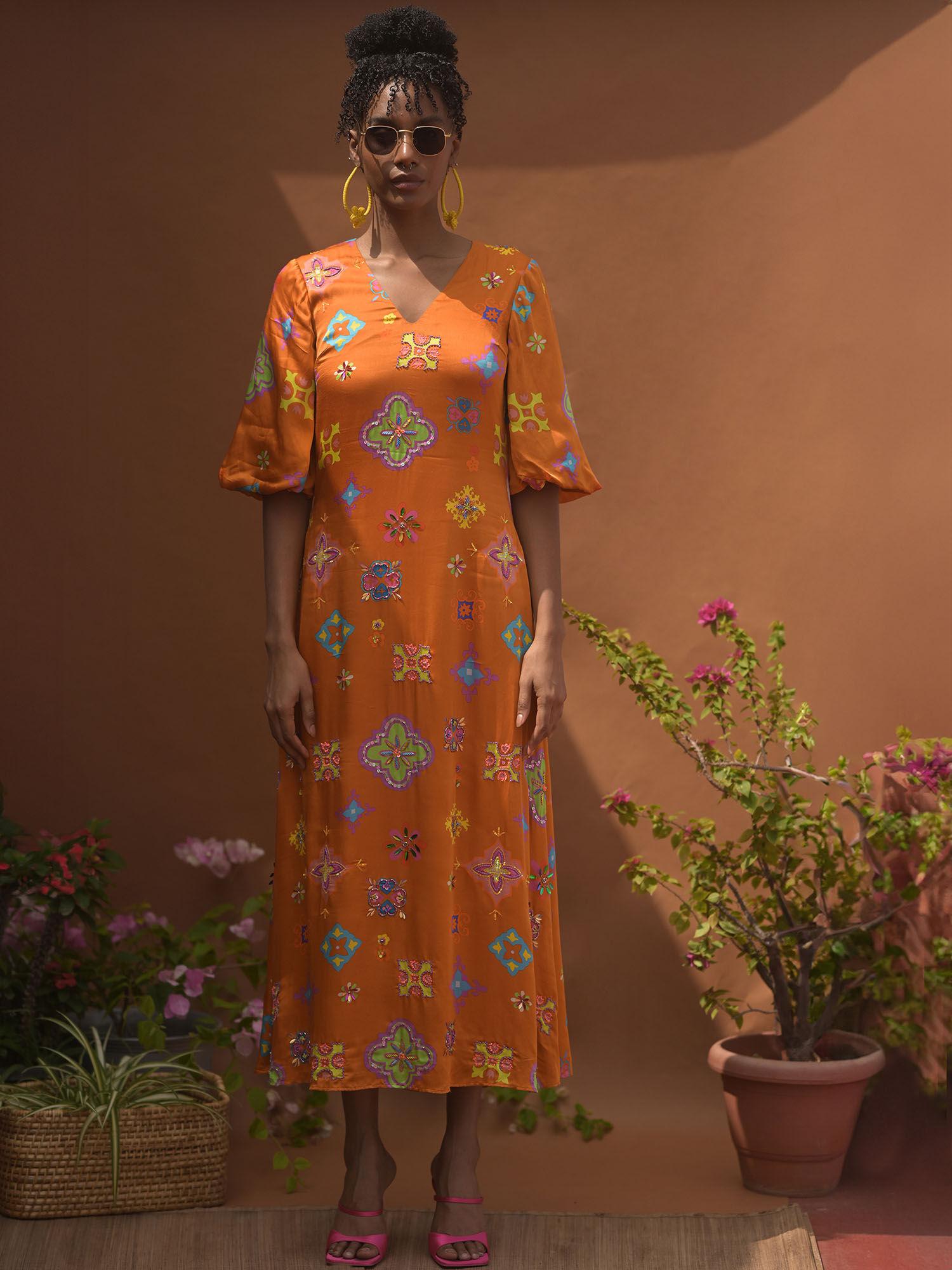 nora modal orange printed maxi dress