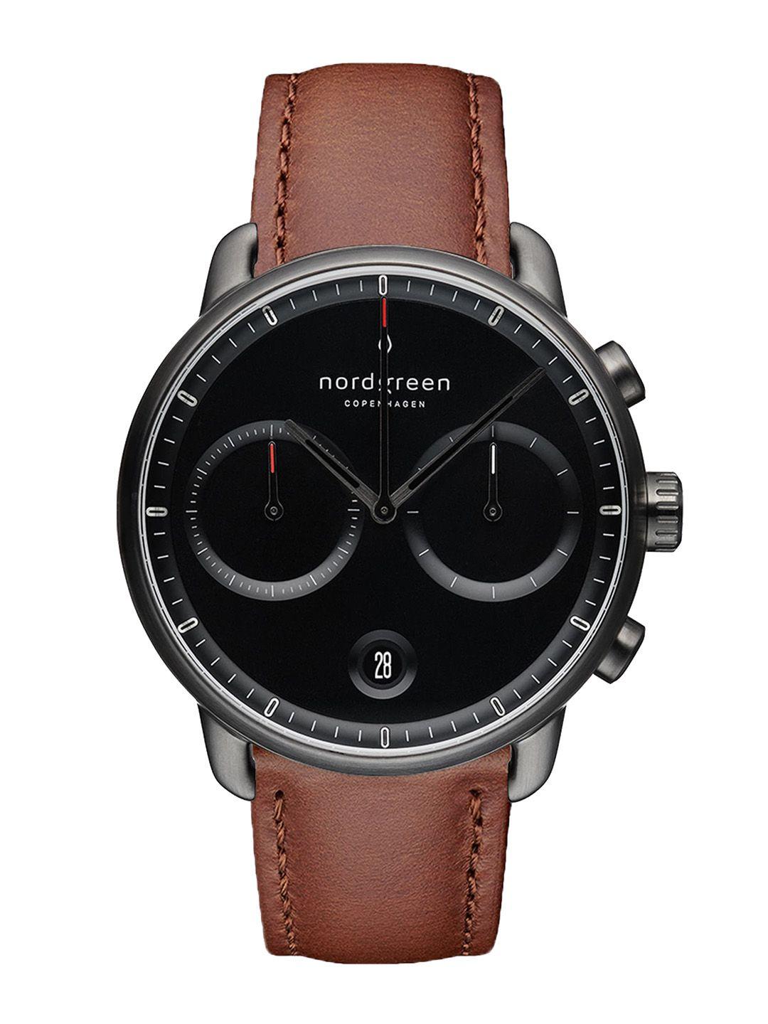 nordgreen men black dial & brown leather textured straps analogue watch
