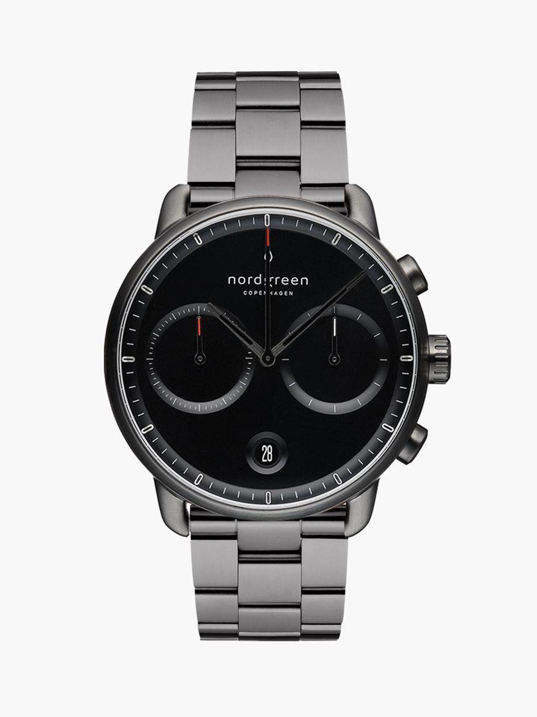 nordgreen men black dial & gunmetal toned stainless steel bracelet style straps analogue watch