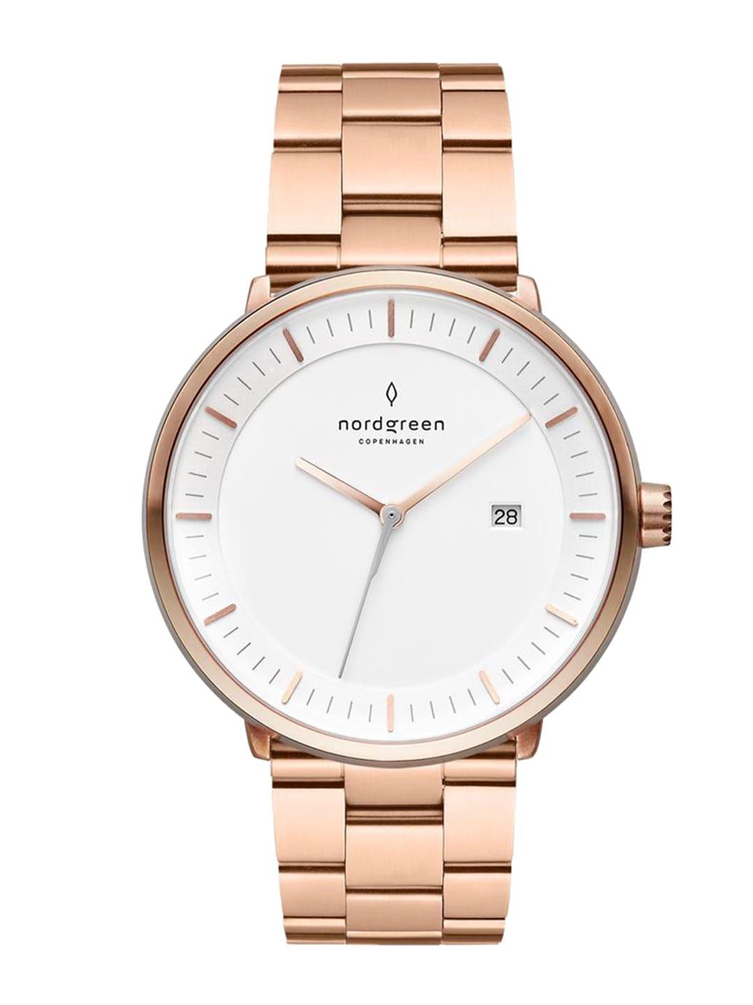 nordgreen men white dial & rose gold toned stainless steel bracelet style straps analogue watch