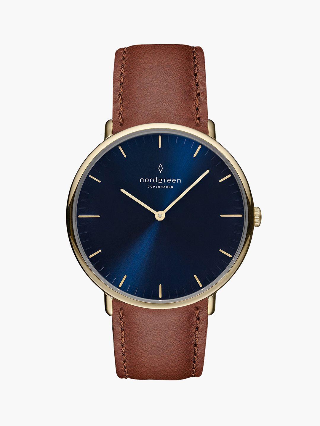 nordgreen unisex blue dial & brown leather analogue watch - nr36golebrna