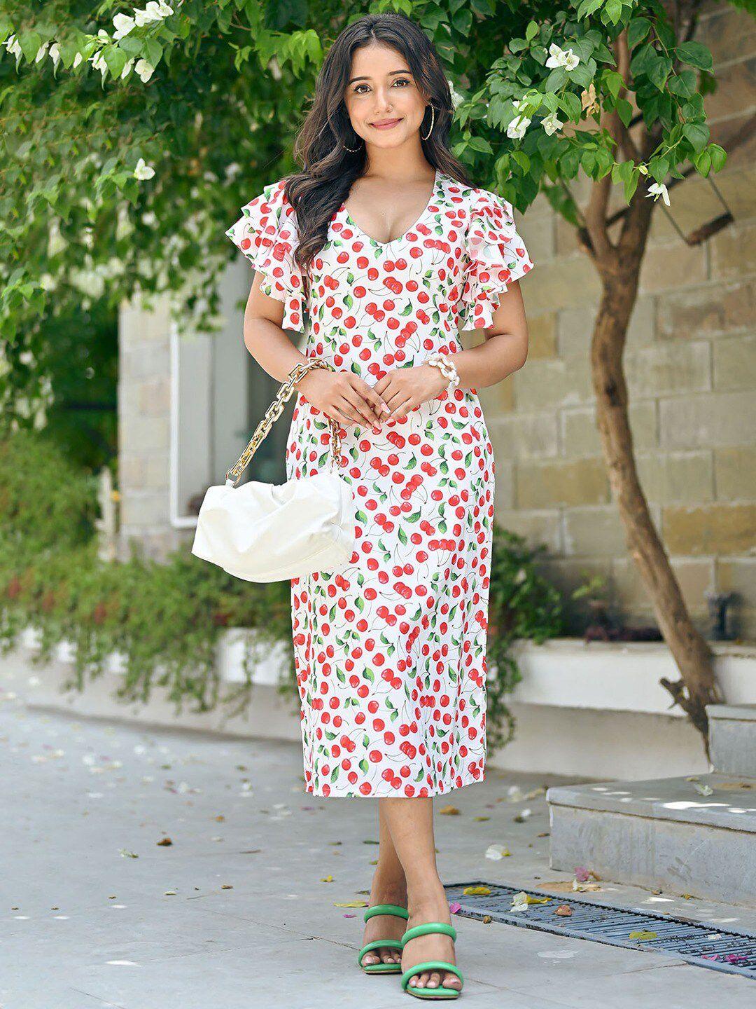 nore21 floral printed flutter sleeves a-line midi dress